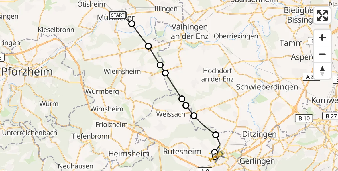Flugroute Rettungshubschrauber Dürrmenz - Leonberg Hospital, 21 März 2026, 17:18