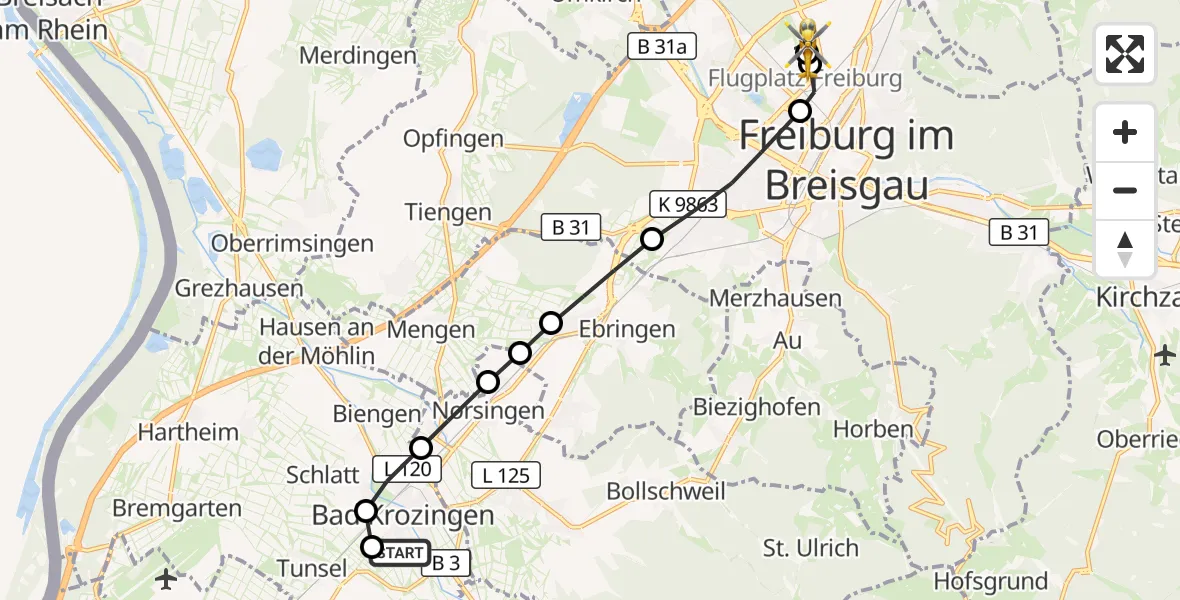 Flugroute Ambulanzhubschrauber Bad Krozingen (Kernstadt) - Freiburg im Breisgau Flugplatz, 21 März 2026, 17:27