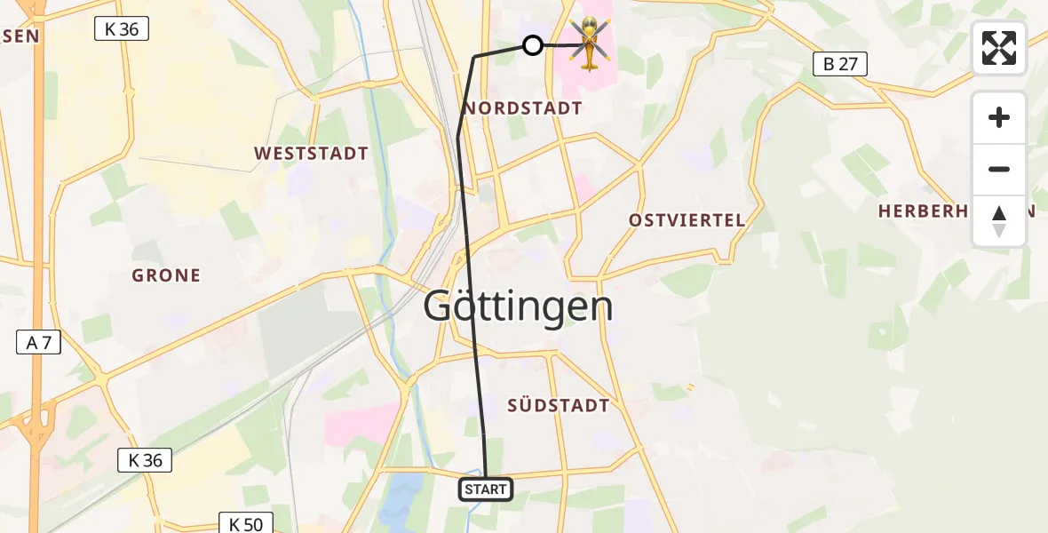 Flugroute Rettungshubschrauber Göttingen - Göttingen University Clinic Hubschrauberlandeplatz, 21 März 2026, 17:27