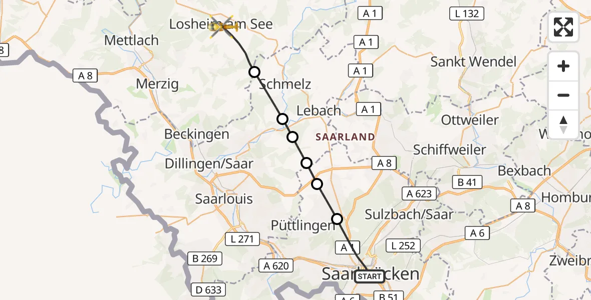 Flugroute Rettungshubschrauber Saarbrücken - Losheim am See, 21 März 2026, 17:30