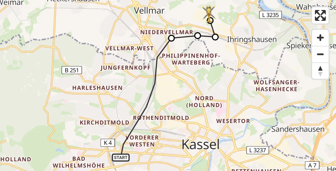 Flugroute Rettungshubschrauber Kassel - Fuldatal Bundespolizei Hubschrauberlandeplatz, 21 März 2026, 17:36