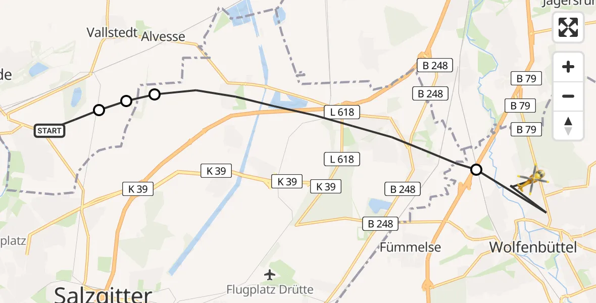 Flugroute Rettungshubschrauber Lengede - Wolfenbüttel Municipal Hospital Heliport (Christoph 30), 21 März 2026, 17:43