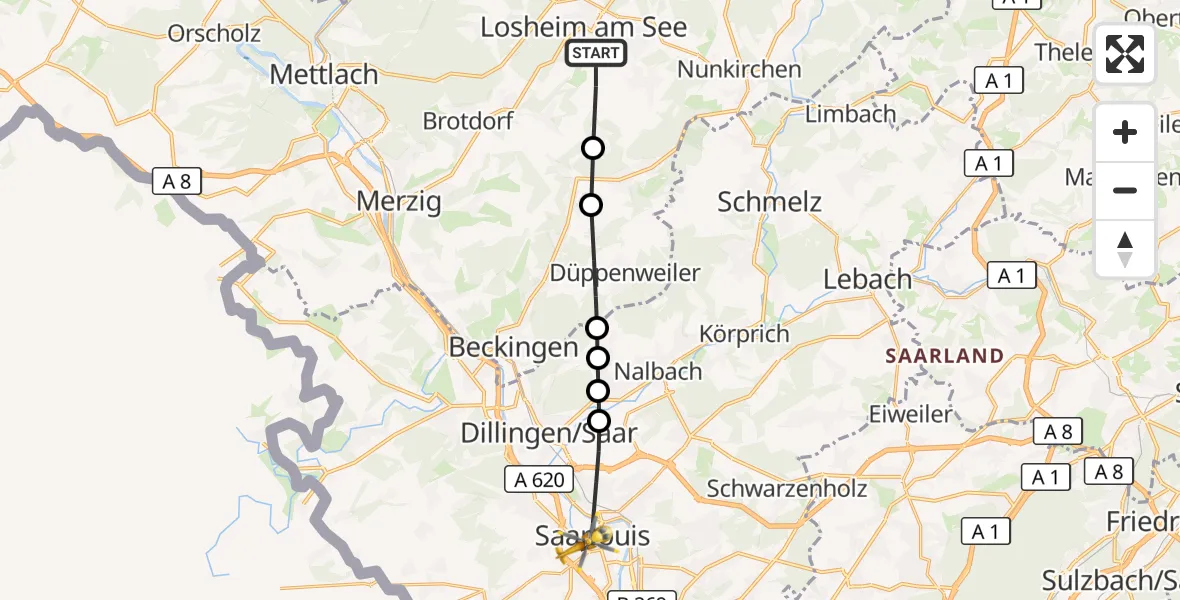 Flugroute Rettungshubschrauber Losheim am See - Saarlouis, 21 März 2026, 17:56