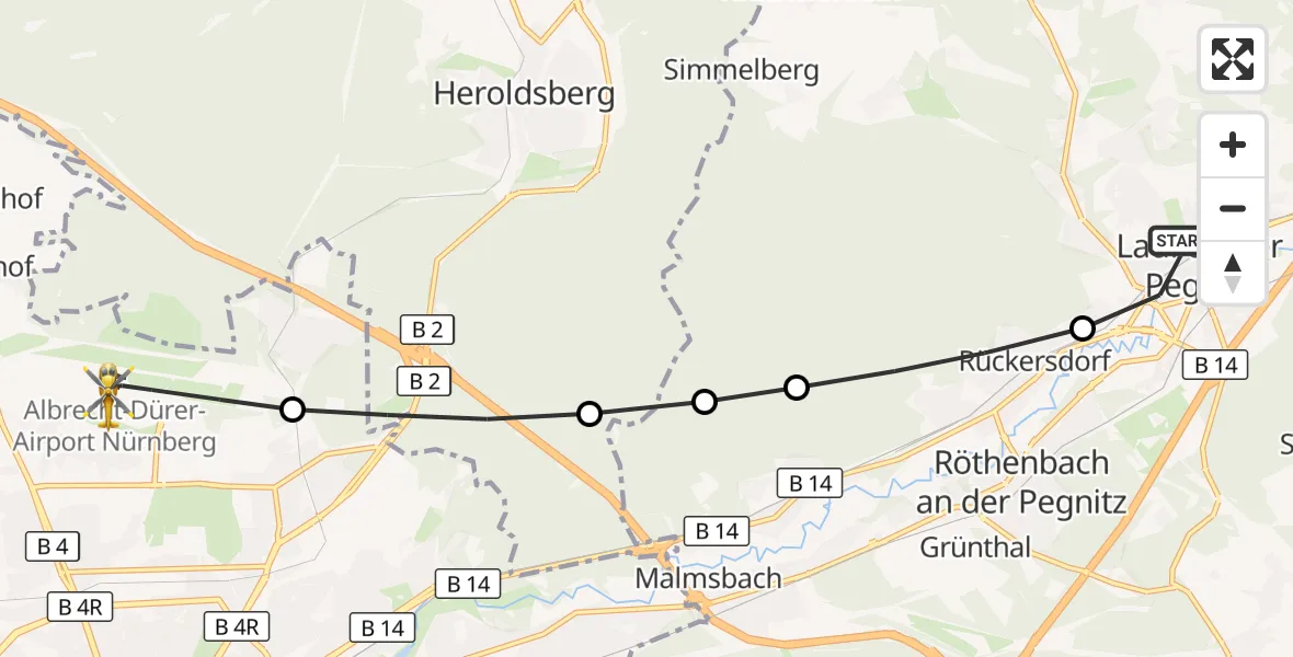 Flugroute Ambulanzhubschrauber Lauf an der Pegnitz - Flughafen Nuremberg, 21 März 2026, 18:05