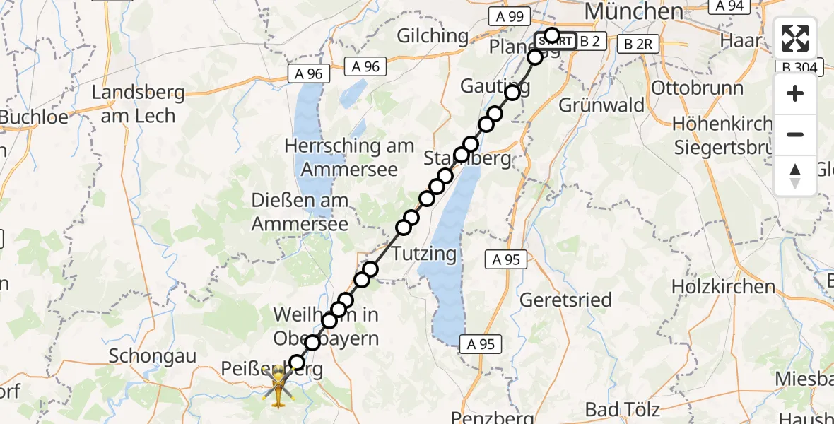 Flugroute Rettungshubschrauber DRF Air Rescue München Hubschrauberlandeplatz - Peißenberg, 21 März 2026, 18:15