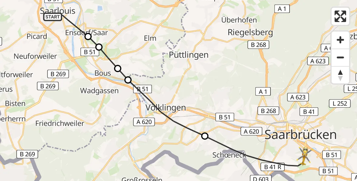 Flugroute Rettungshubschrauber Saarlouis - Saarbrücken, 21 März 2026, 18:31