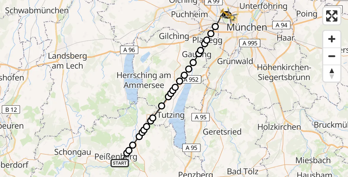 Flugroute Rettungshubschrauber Peißenberg - Dritter Orden University Hospital, 21 März 2026, 19:03