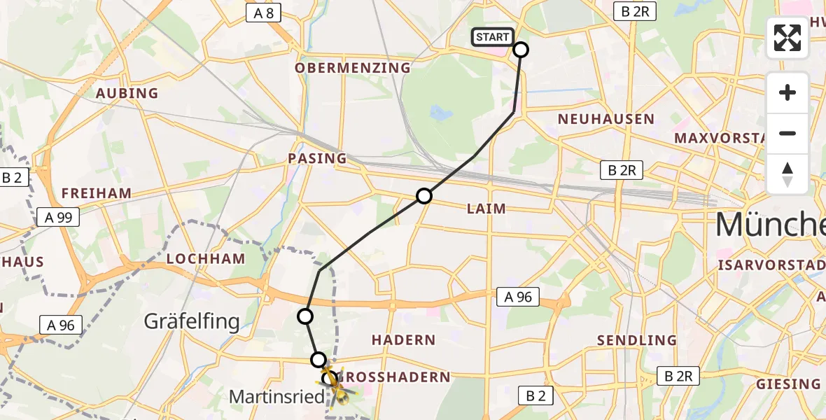 Flugroute Rettungshubschrauber Dritter Orden University Hospital - DRF Air Rescue München Hubschrauberlandeplatz, 21 März 2026, 19:49