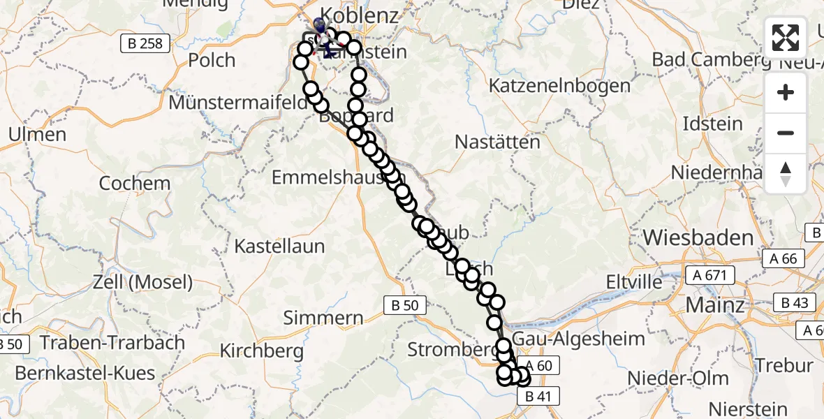 Flugroute Polizeihubschrauber Koblenz-Winningen Flugplatz - Koblenz-Winningen Flugplatz, 21 März 2026, 20:32
