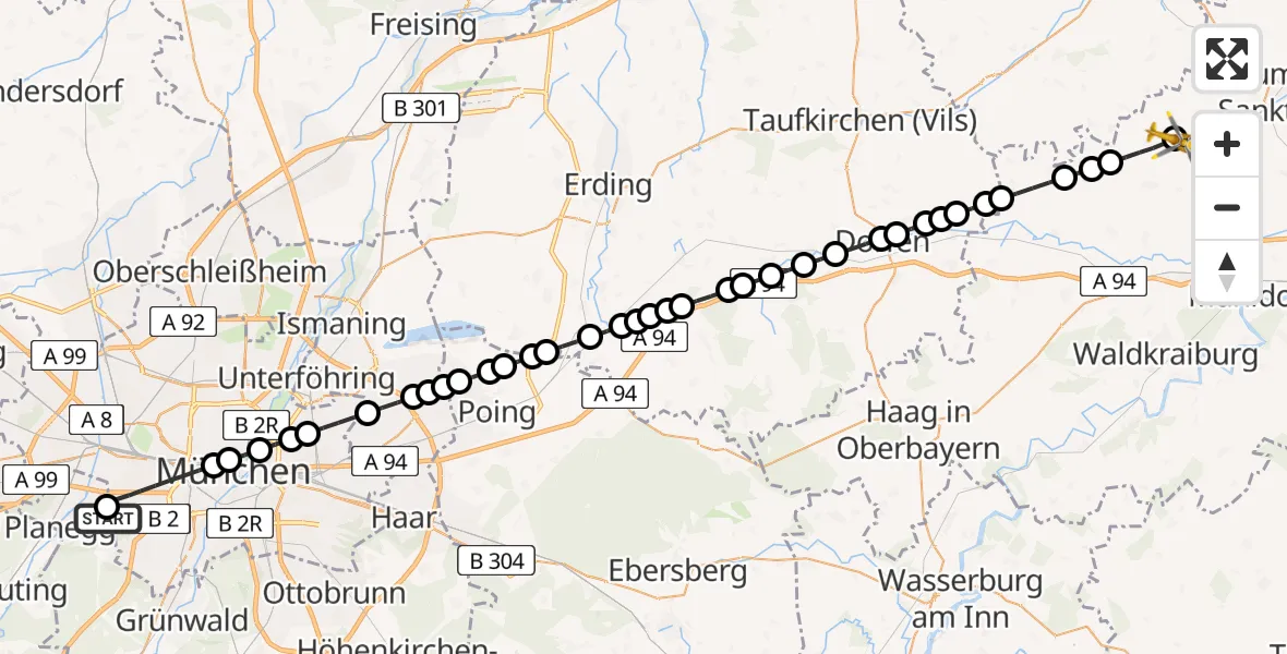 Flugroute Rettungshubschrauber DRF Air Rescue München Hubschrauberlandeplatz - Schönberg, 21 März 2026, 21:24
