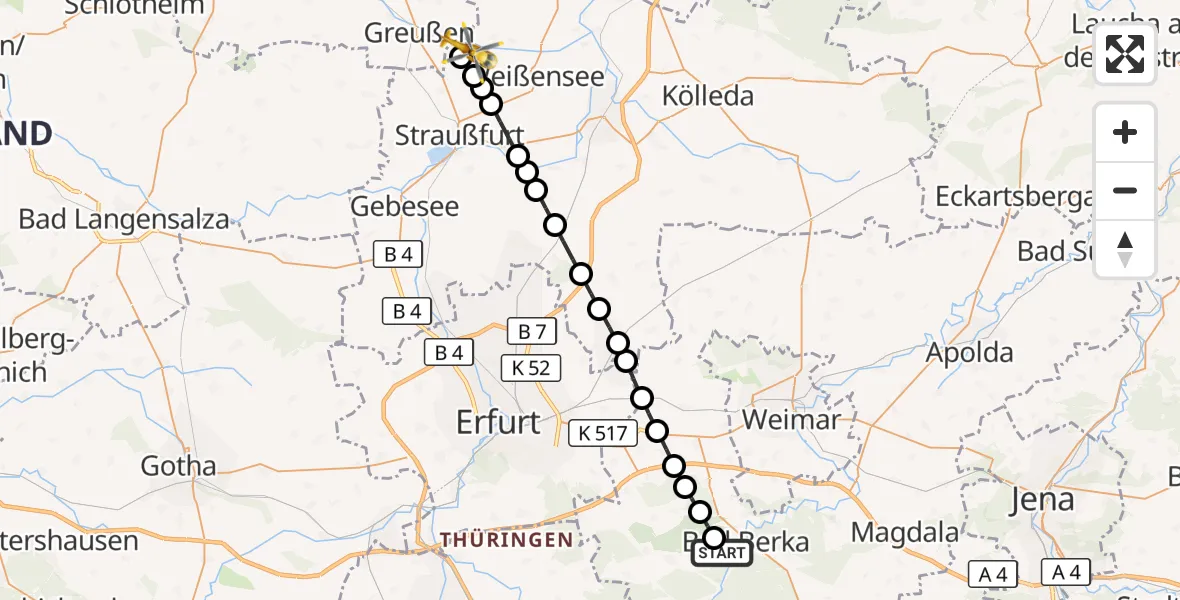 Flugroute Ambulanzhubschrauber Bad Berka - Ottenhausen, 21 März 2026, 21:37