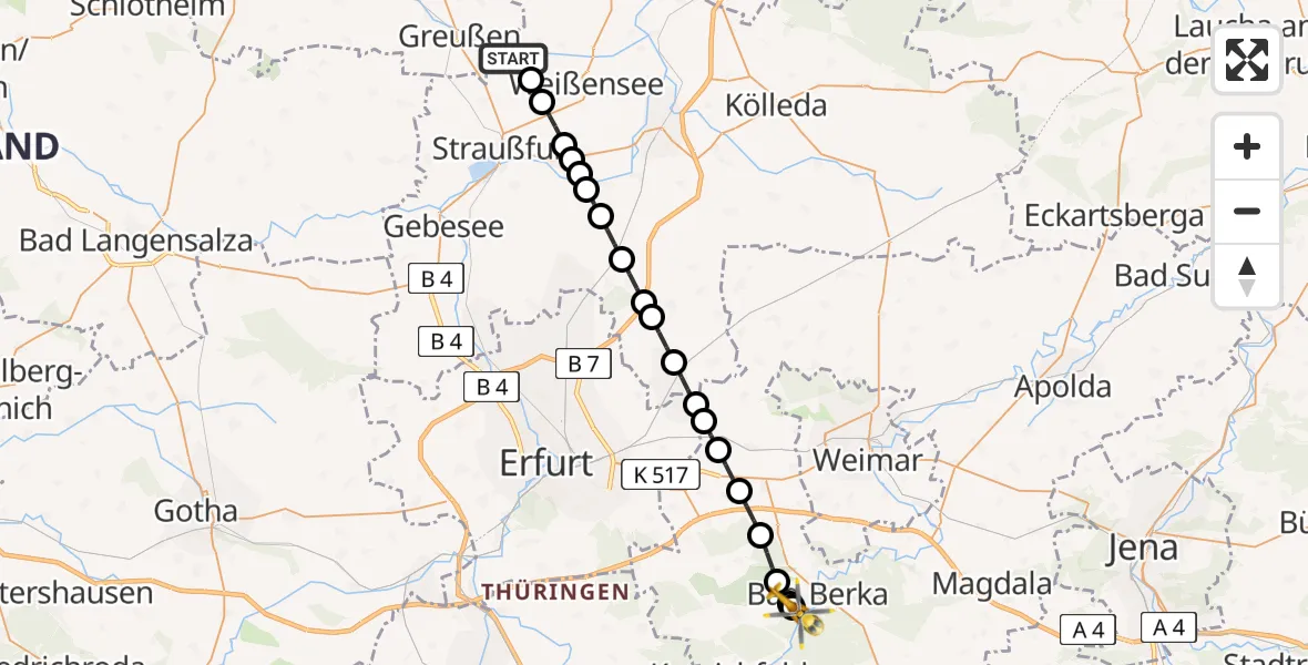 Flugroute Ambulanzhubschrauber Ottenhausen - DRF Rettungsstation Bad Berka Hubschrauberlandeplatz, 21 März 2026, 22:32