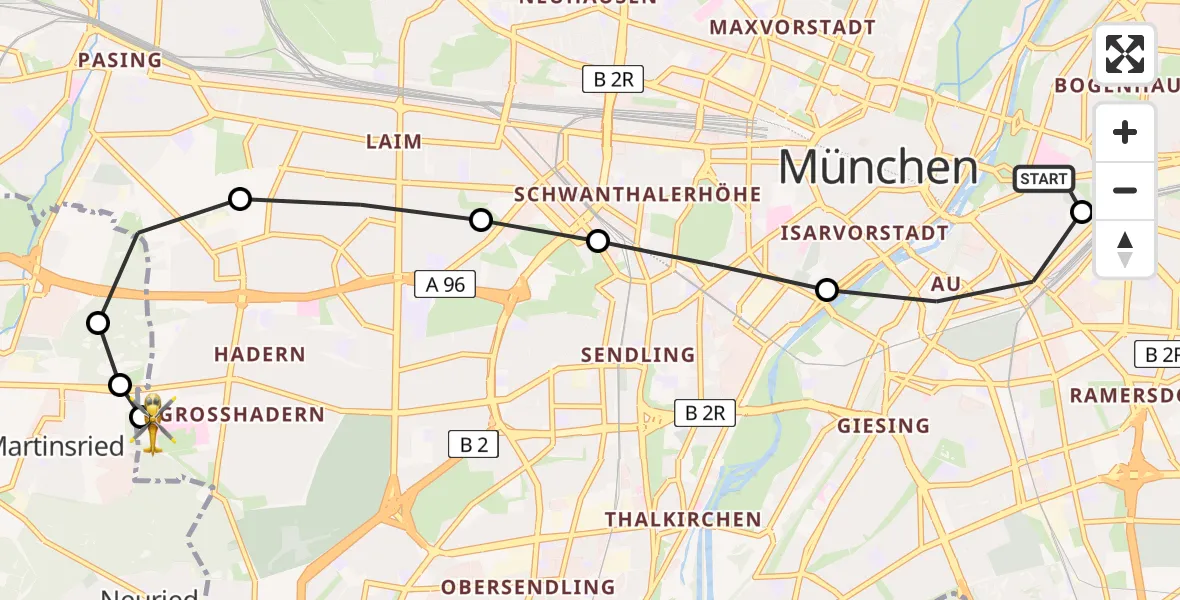 Flugroute Rettungshubschrauber Rechts der Isar University Hospital - DRF Air Rescue München Hubschrauberlandeplatz, 21 März 2026, 22:46