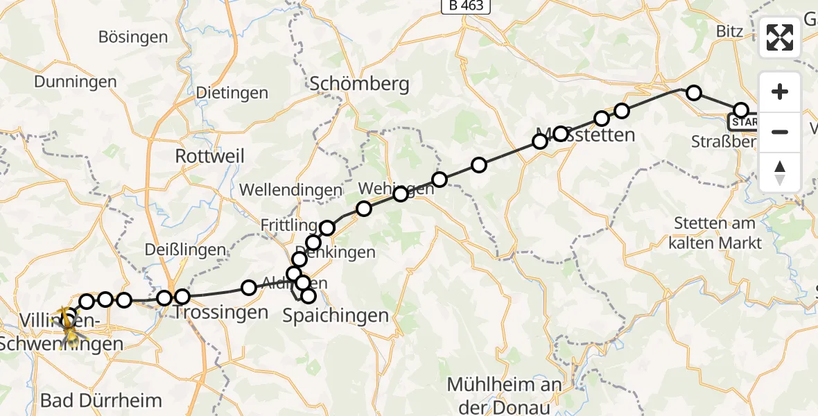 Routekaart van de vlucht: Rettungshubschrauber nach DRF Air Rescue Station Villingen-Schwenningen Hubschrauberlandeplatz (Christoph 11)
