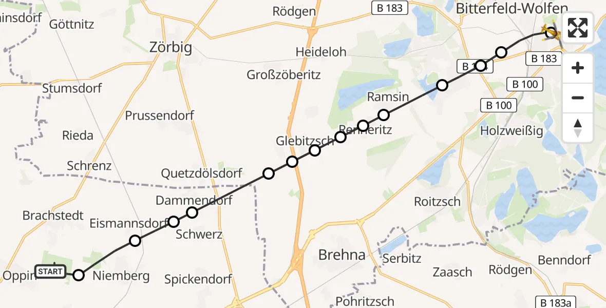 Flugroute Ambulanzhubschrauber Halle-Oppin Flugplatz - Bitterfield-Wolfen Health Center Hubschrauberlandeplatz, 21 März 2026, 23:27
