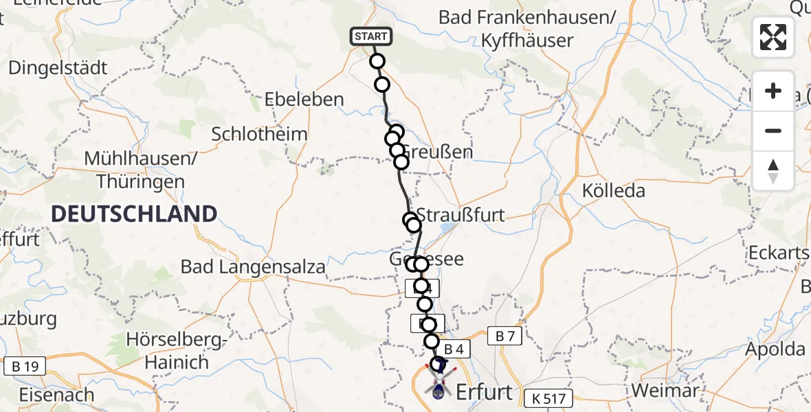 Flugroute Polizeihubschrauber Sondershausen - Erfurt-Weimar Flughafen, 22 März 2026, 00:24