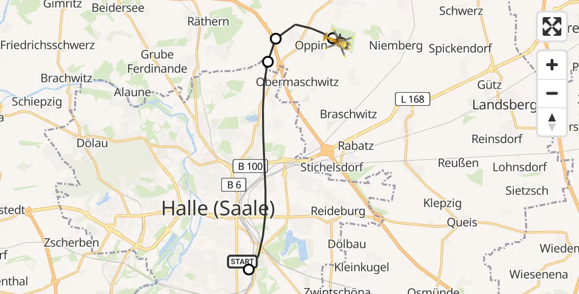 Flugroute Ambulanzhubschrauber BG Hospital Bergmannstrost Halle - Halle-Oppin Flugplatz, 22 März 2026, 00:46