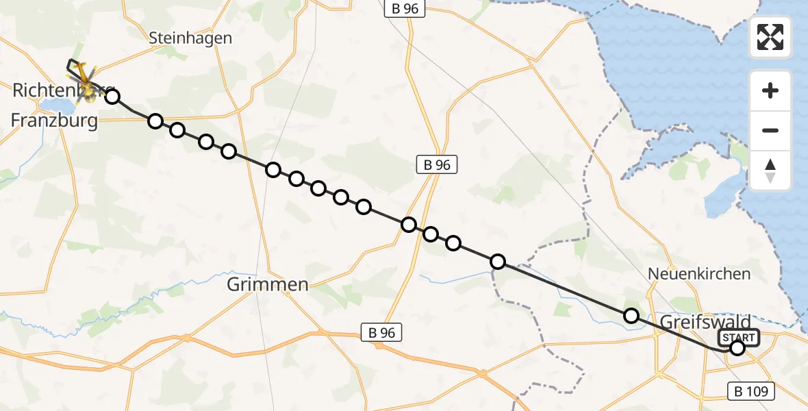 Flugroute Rettungshubschrauber Greifswald Hospital - Richtenberg, 22 März 2026, 00:57