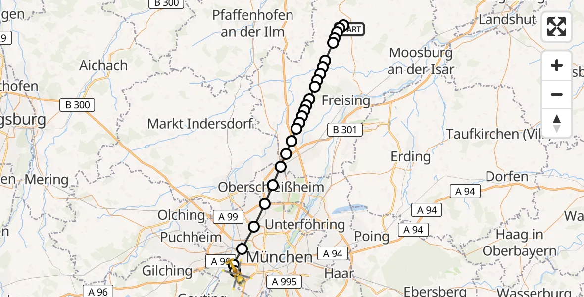 Flugroute Rettungshubschrauber Pfettrach - DRF Air Rescue München Hubschrauberlandeplatz, 22 März 2026, 01:13