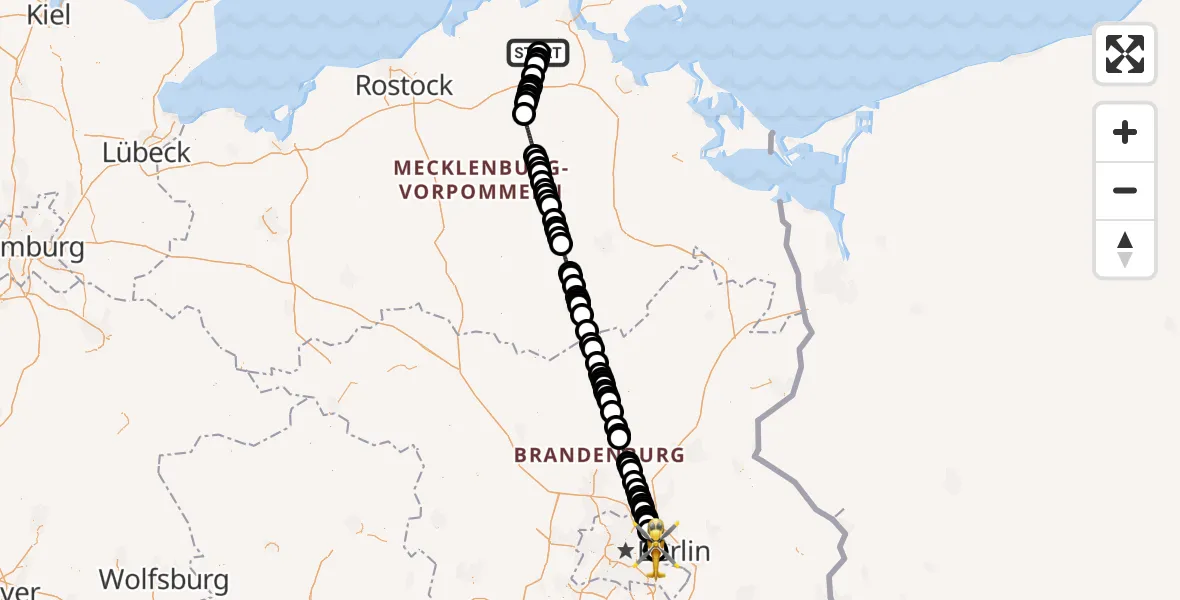 Flugroute Rettungshubschrauber Richtenberg - Berlin Emergency Hospital, 22 März 2026, 01:54