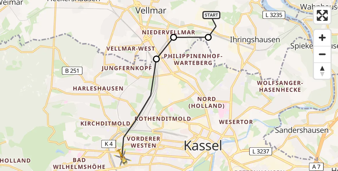 Flugroute Rettungshubschrauber Fuldatal Bundespolizei Hubschrauberlandeplatz - Kassel, 22 März 2026, 06:03