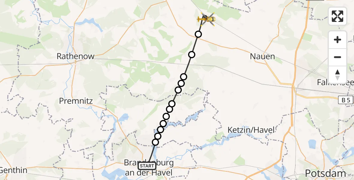 Routekaart van de vlucht: Rettungshubschrauber nach Paulinenaue, Waldstraße