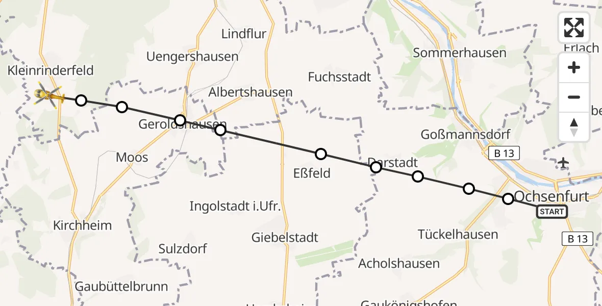 Flugroute Rettungshubschrauber Ochsenfurt - Kleinrinderfeld, 22 März 2026, 06:54