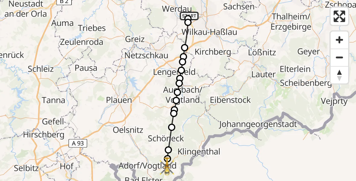 Flugroute Rettungshubschrauber ADAC Air Rescue Station Zwickau Hubschrauberlandeplatz - Markneukirchen, 22 März 2026, 07:23