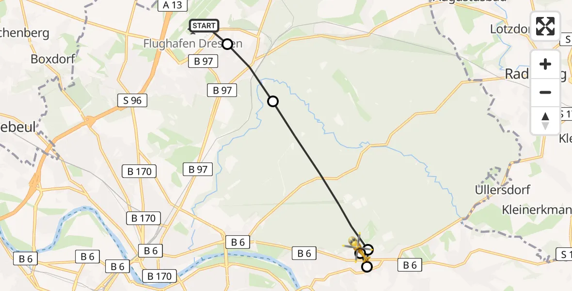 Flugroute Rettungshubschrauber Dresden Flughafen - Weißer Hirsch Hospital, 22 März 2026, 07:27