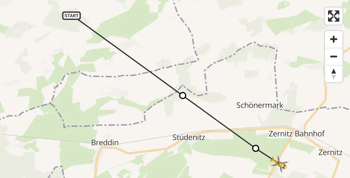 Flugroute Rettungshubschrauber Gumtow - Zernitz Bahnhof, 22 März 2026, 07:43