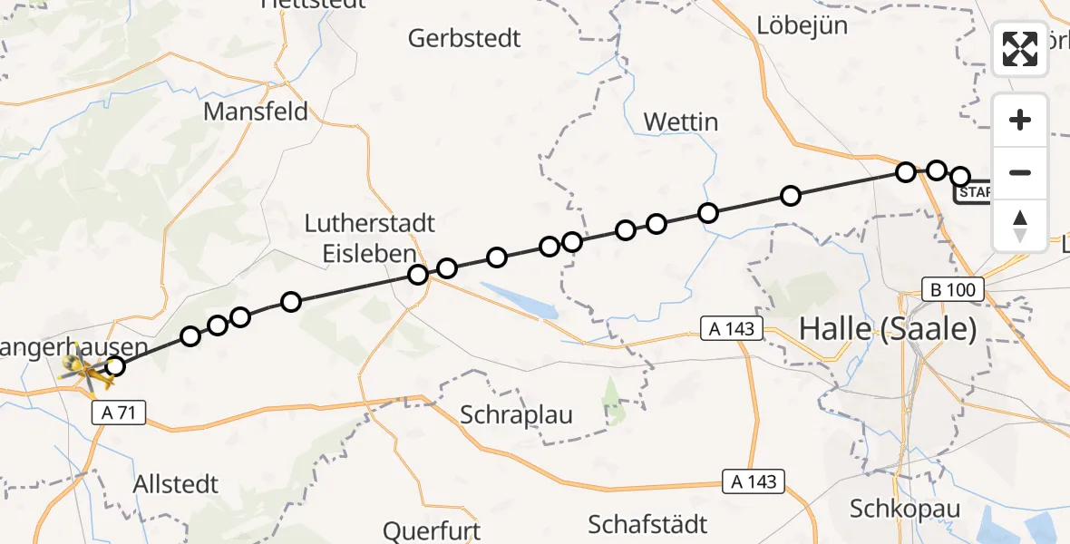 Flugroute Ambulanzhubschrauber Halle-Oppin Flugplatz - Sangerhausen, 22 März 2026, 07:43