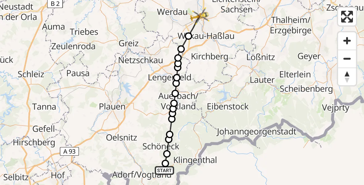Flugroute Rettungshubschrauber Markneukirchen - Zwickau, 22 März 2026, 08:04