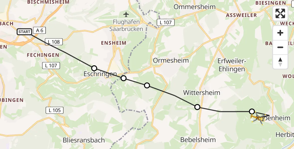 Flugroute Rettungshubschrauber Saarbrücken - Gersheim, 22 März 2026, 08:09