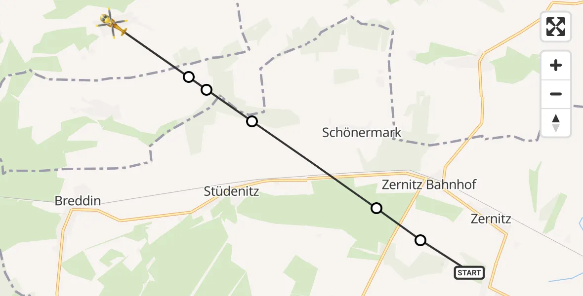 Flugroute Rettungshubschrauber Zernitz - Gumtow, 22 März 2026, 08:13