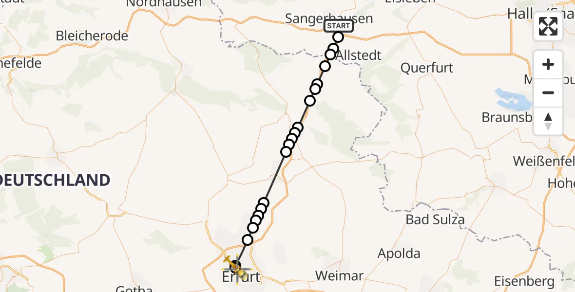 Flugroute Ambulanzhubschrauber Sangerhausen - Helios Clinic Erfurt, 22 März 2026, 08:21
