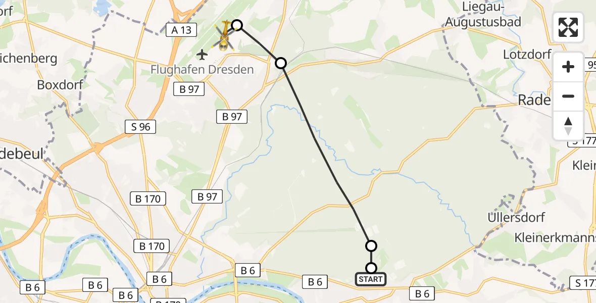 Flugroute Rettungshubschrauber Weißer Hirsch Hospital - Dresden Bundespolizei Hubschrauberlandeplatz, 22 März 2026, 08:24