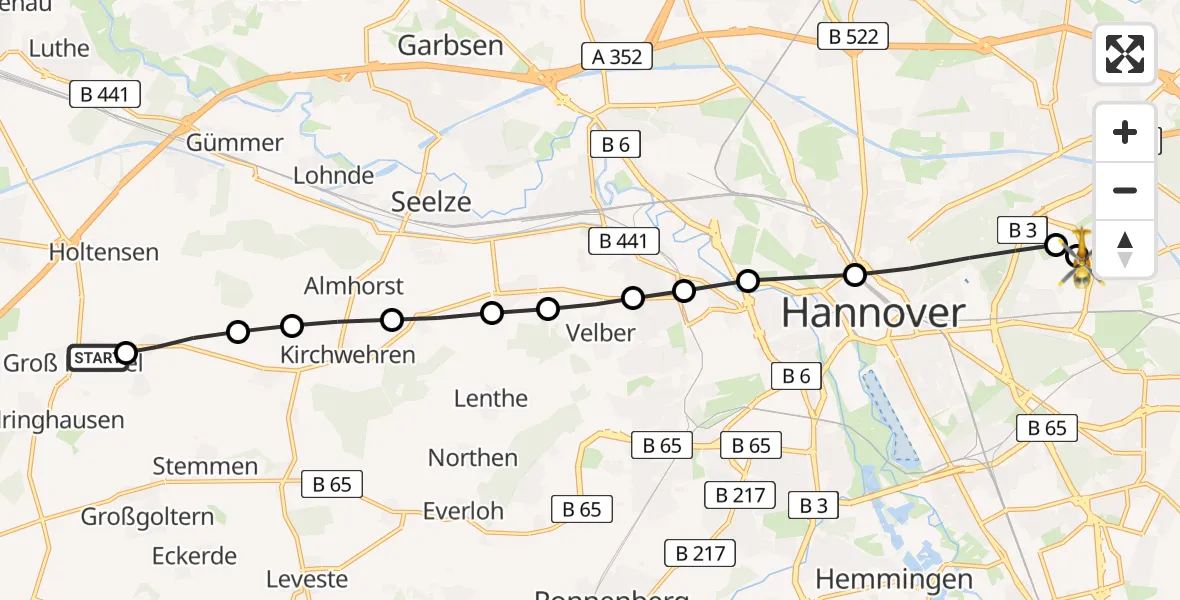Flugroute Rettungshubschrauber Groß Munzel - Hannover Luftrettung Hubschrauberlandeplatz (Christoph 4), 22 März 2026, 08:33