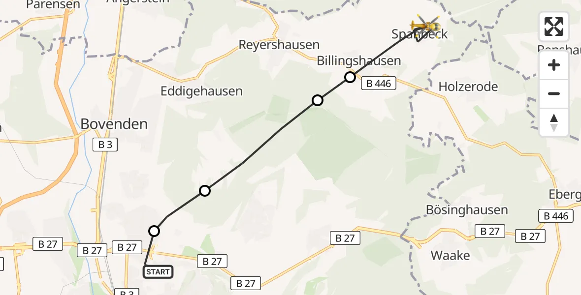 Flugroute Rettungshubschrauber Göttingen University Clinic Hubschrauberlandeplatz - Bovenden, 22 März 2026, 08:39