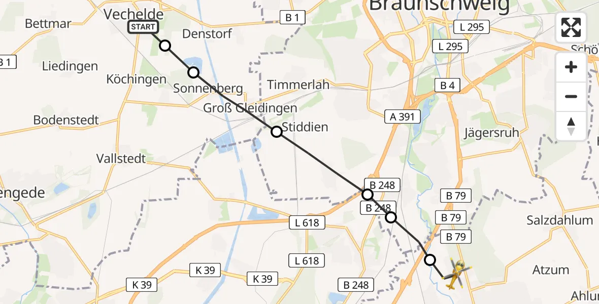 Flugroute Rettungshubschrauber Vechelde - Wolfenbüttel Municipal Hospital Heliport (Christoph 30), 22 März 2026, 08:47