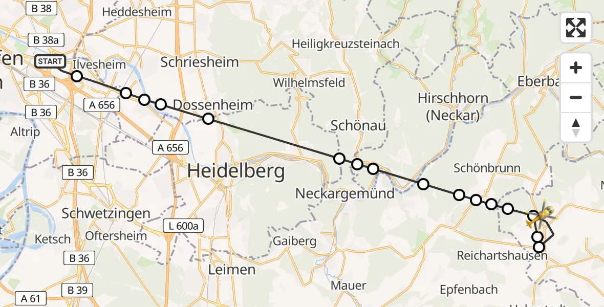 Flugroute Rettungshubschrauber Mannheim-City Flughafen - Unterschwarzach, 22 März 2026, 08:48