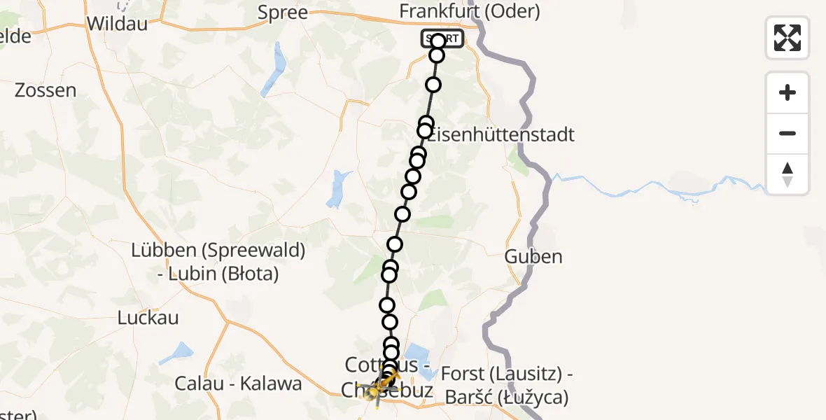 Flugroute Ambulanzhubschrauber Frankfurt (Oder) - Carl Thien Hospital Cottbus, 22 März 2026, 08:48