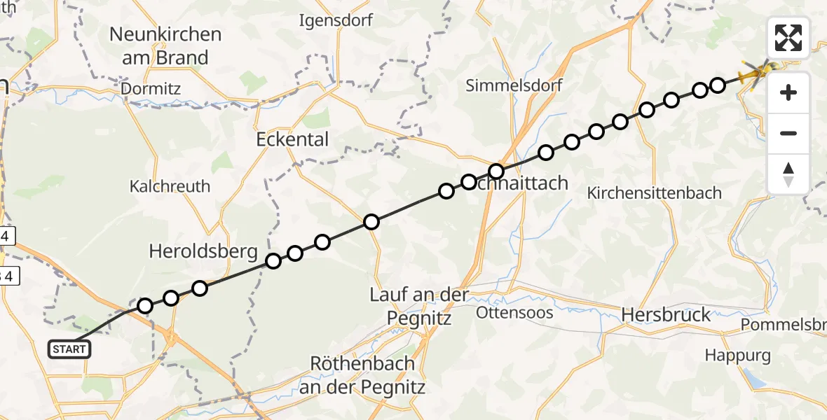 Flugroute Rettungshubschrauber Flughafen Nuremberg - Rupprechtstegen, 22 März 2026, 08:53