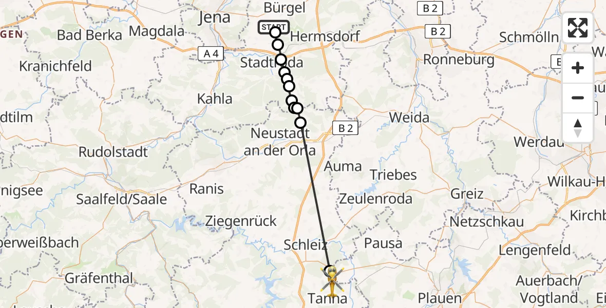 Flugroute Rettungshubschrauber Zinna - Frankendorf, 22 März 2026, 08:55