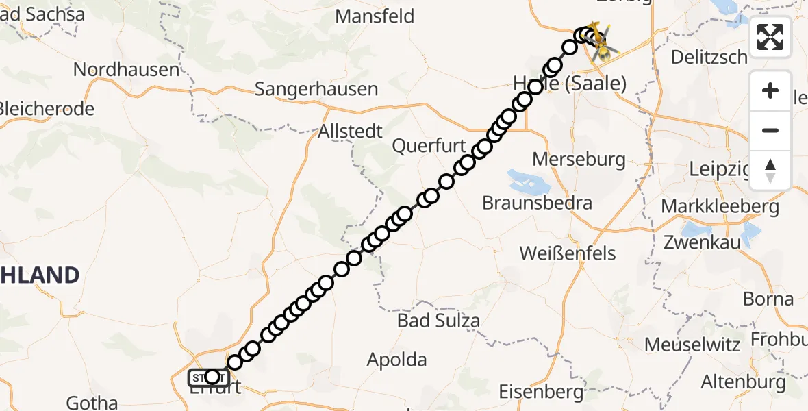 Flugroute Ambulanzhubschrauber Helios Clinic Erfurt - Halle-Oppin Flugplatz, 22 März 2026, 08:58