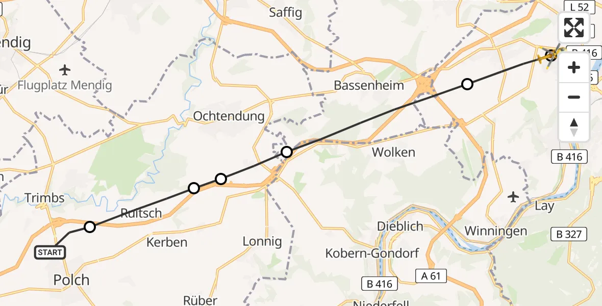Flugroute Rettungshubschrauber Nettesürsch - Koblenz, 22 März 2026, 08:58