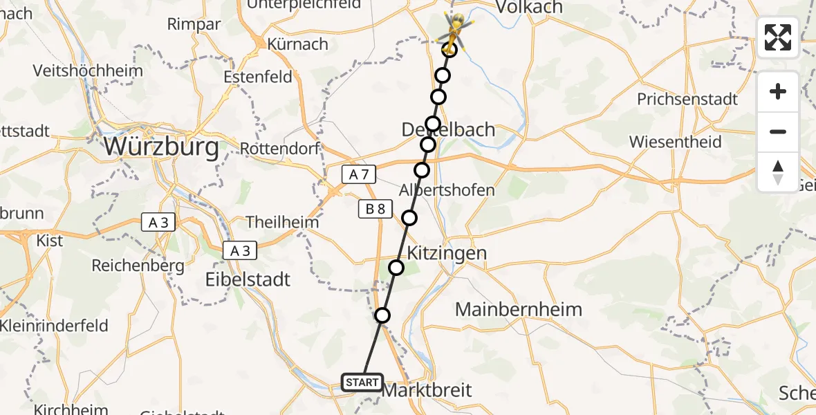 Flugroute Rettungshubschrauber Frickenhausen am Main - Köhler, 22 März 2026, 09:06