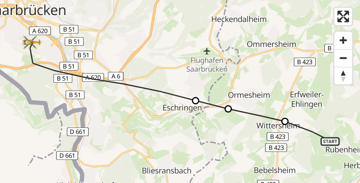 Flugroute Rettungshubschrauber Gersheim - Saarbrücken, 22 März 2026, 09:09