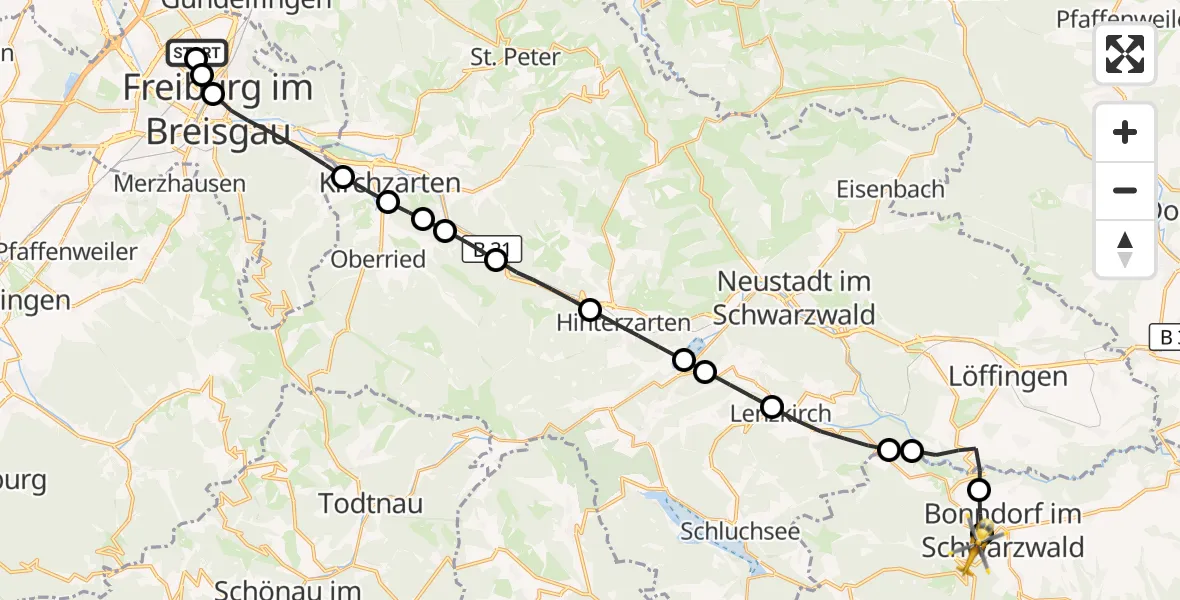Flugroute Ambulanzhubschrauber Freiburg im Breisgau Flugplatz - Bonndorf im Schwarzwald, 22 März 2026, 09:13