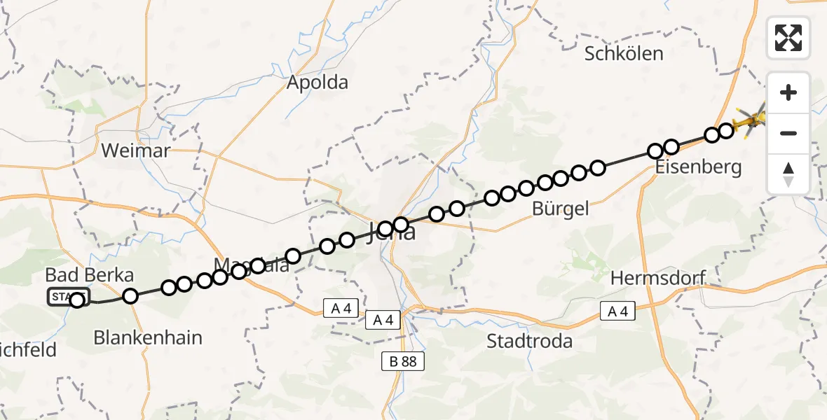 Flugroute Ambulanzhubschrauber Bad Berka Central Hospital - Thiemendorf, 22 März 2026, 09:21