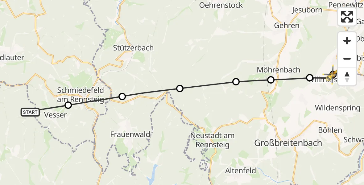 Flugroute Rettungshubschrauber Vesser - Herschdorf, 22 März 2026, 09:27